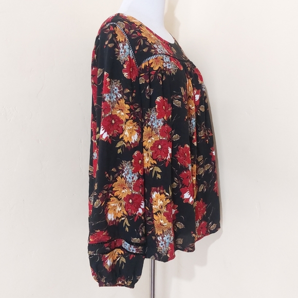 Time and Tru Large 12-14 Womens Rust Orange Black Boho Floral Long Sleeve Blouse - Picture 4 of 8
